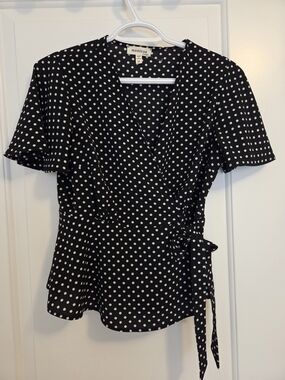 Monteau Black and White Polka Dot Wrap Blouse - Medium